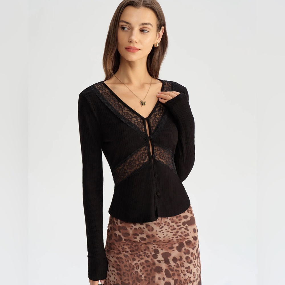 Black See Through V Neck Tee